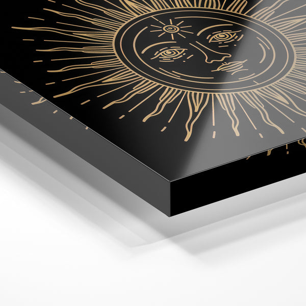 Soleil et lune line art noir et or mystique — Verre acrylique