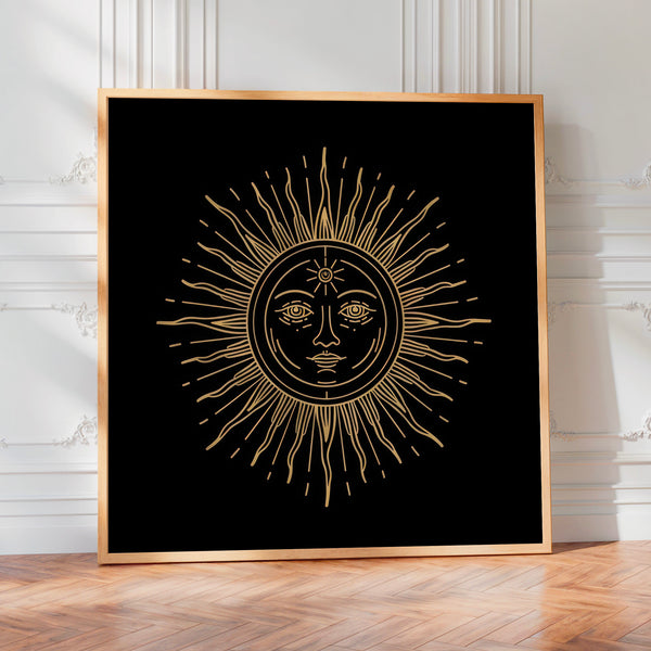 Soleil et lune line art noir et or mystique — Poster HP mat