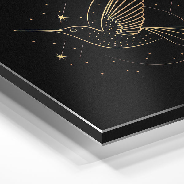 Colibri doré line art, noir et or minimaliste — Aluminium Dibond