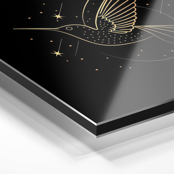 Colibri doré line art, noir et or minimaliste — Aluminium Dibond relief 3D