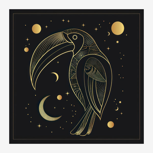 Oiseaux de Nuit et Étoiles, Line Art Noir et Or — Toile sur châssis