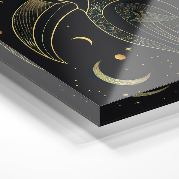 Oiseaux de Nuit et Étoiles, Line Art Noir et Or — Verre acrylique