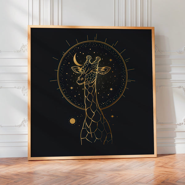 Girafe et la Lune - Line art doré et noir — Poster HP mat