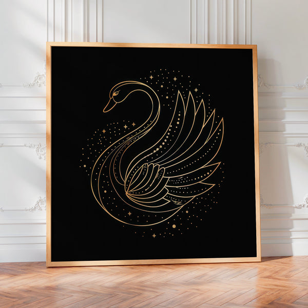Cygne épuré, line art noir et or élégant — Poster HP mat