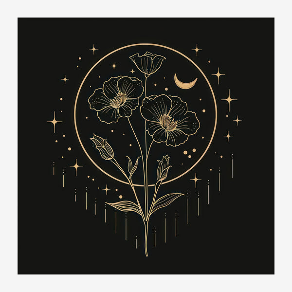 Fleurs et lune : line art botanique noir et or — Toile sur châssis