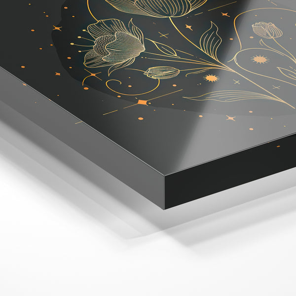 Fleurs dorées et noires, line art botanique minimaliste — Verre acrylique