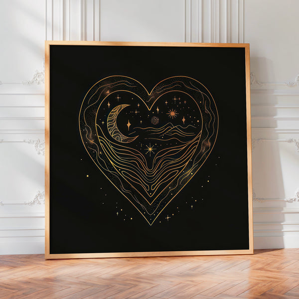 Cœur cosmique noir et or, line art minimaliste — Poster HP mat