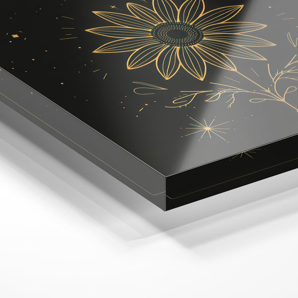 Tournesol noir et or, line art minimaliste — Verre acrylique
