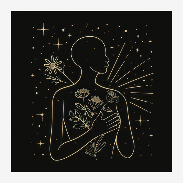 Silhouette féminisme et fleurs line art doré — Toile sur châssis