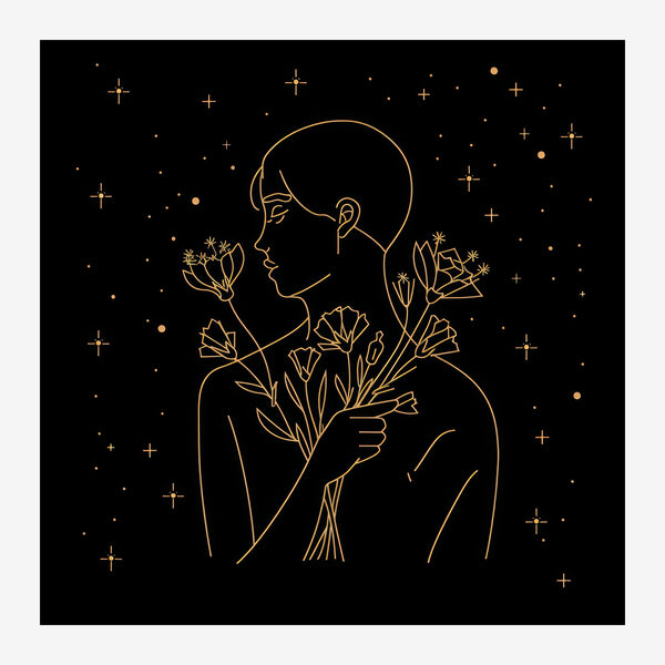 Profil aux fleurs, line art noir et or minimaliste — Toile sur châssis