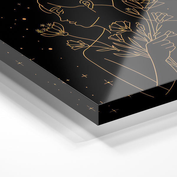 Profil aux fleurs, line art noir et or minimaliste — Verre acrylique
