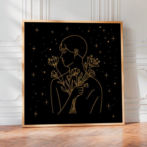Profil aux fleurs, line art noir et or minimaliste — Poster HP mat