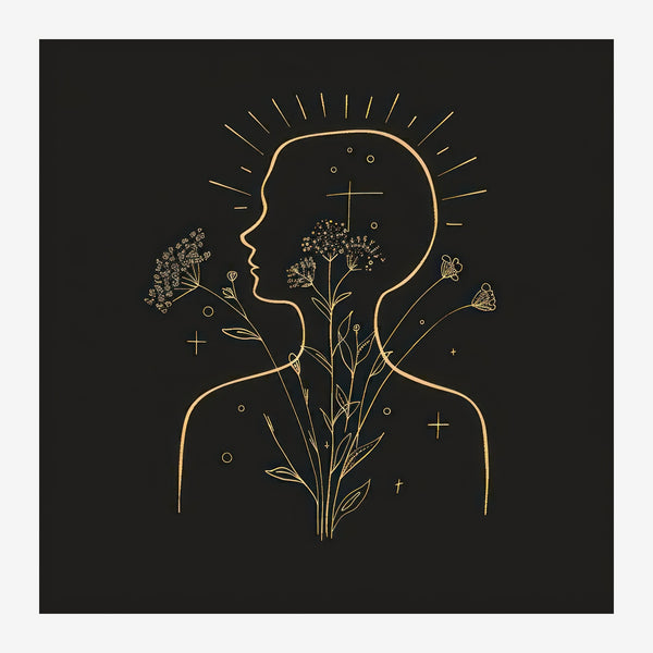 Silhouette dorée au bouquet floral, line art noir et or — Toile sur châssis