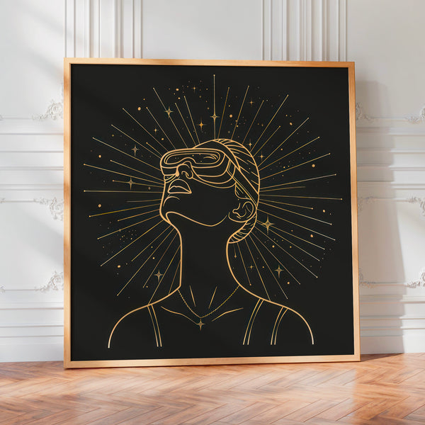 Visage en ligne dorée et rayons de lumière — Poster HP mat