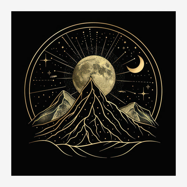Montagne et lune dorée, ligne art noir et or — Toile sur châssis