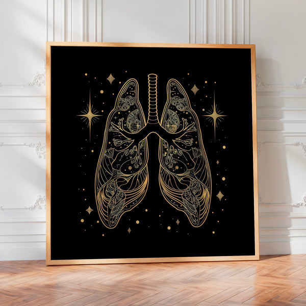 Poumons cosmiques et botaniques, line art noir et or — Poster HP mat