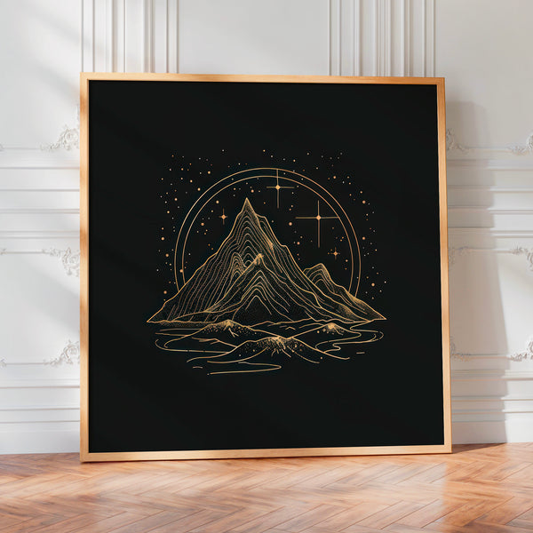 Montagne étoilée, affiche line art noir et or — Poster HP mat