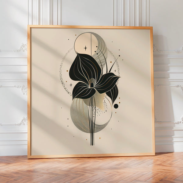 Fleur abstraite beige et noir, line art épuré — Poster HP mat