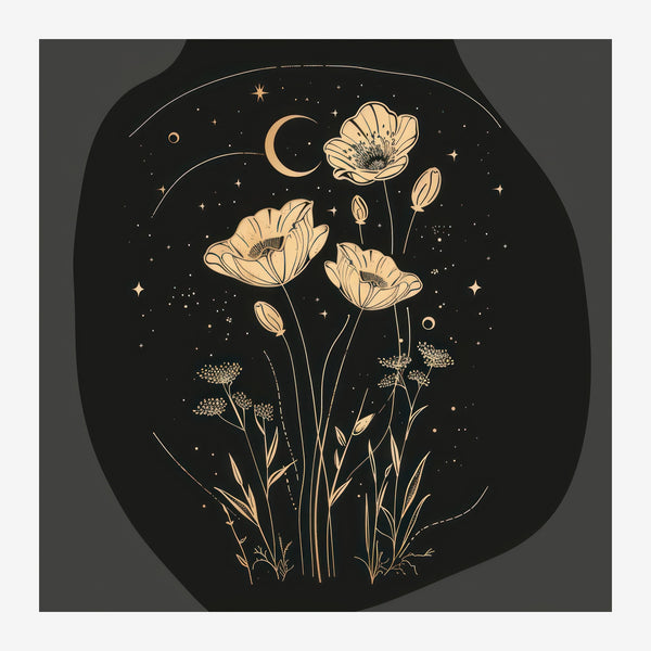 Pavots nocturnes et lune, line art noir et or — Toile sur châssis
