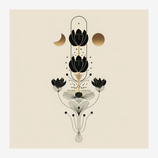 Composition botanique minimaliste aux phases lunaires — Toile sur châssis