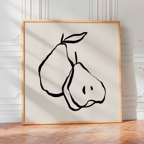 Deux poires, line art minimaliste noir et beige — Poster HP mat