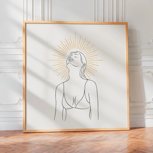 Femme et rayons dorés - line art minimaliste — Poster HP mat