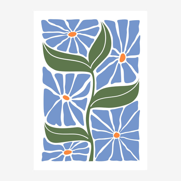 Fleurs bleues et blanches, style géométrique minimaliste — Toile sur châssis