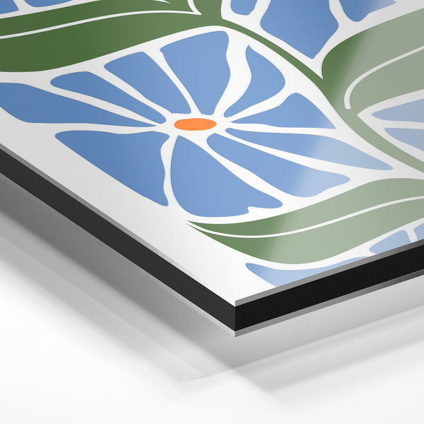 Fleurs bleues et blanches, style géométrique minimaliste — Aluminium Dibond relief 3D