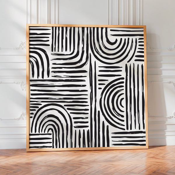 Composition géométrique noir et blanc à traits ondulés — Poster HP mat
