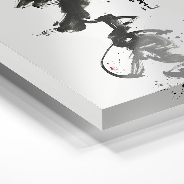 Composition zen en noir et blanc, oiseaux et calligraphie — Verre acrylique