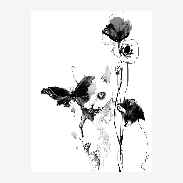 Papillon et fleurs sauvages, line art noir et blanc — Toile sur châssis