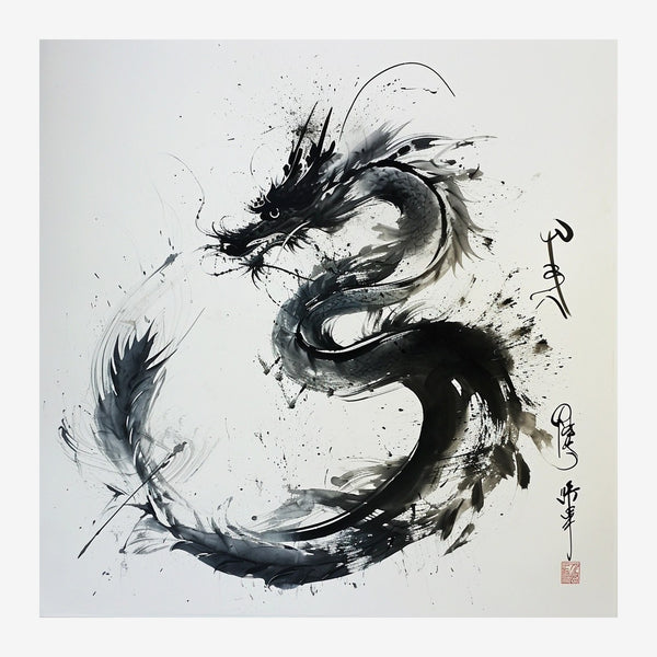 Dragon noir et blanc expressionniste au trait — Toile sur châssis
