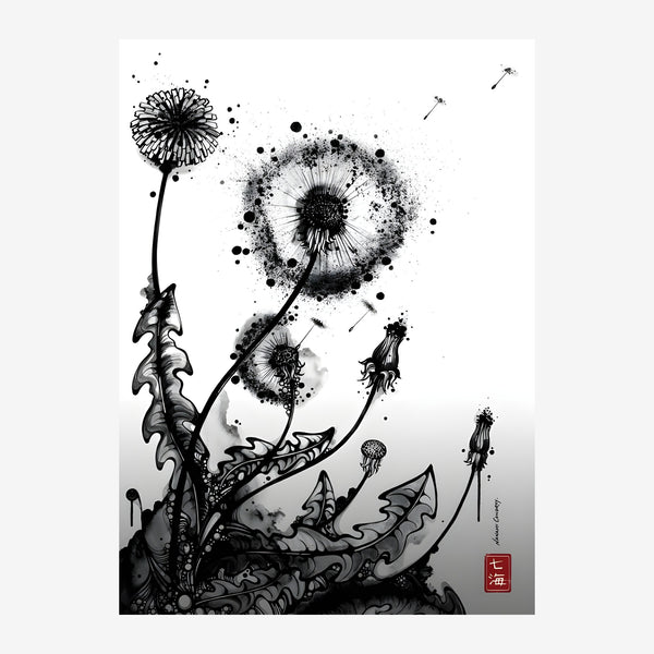 Pissenlits line art noir et blanc minimaliste — Toile sur châssis