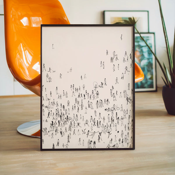 Foule en mouvement, dessin au trait noir et blanc — Poster HP mat