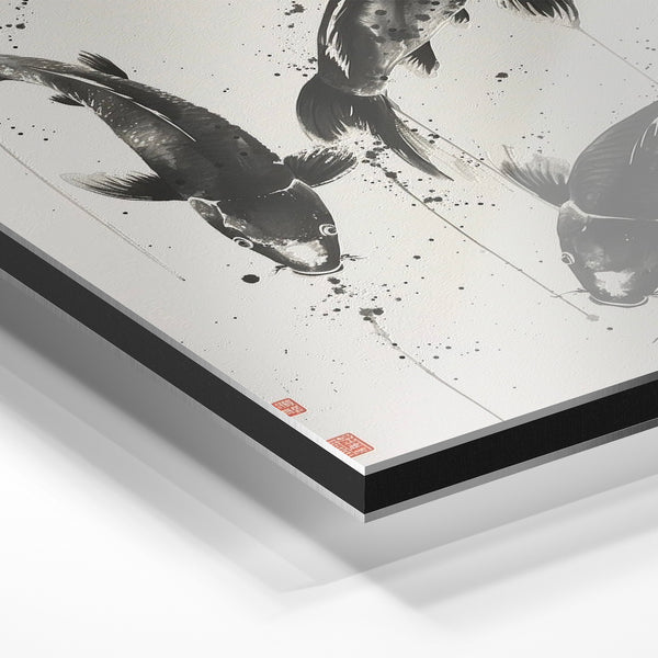 Trois carpes noir et blanc, style minimaliste — Aluminium Dibond relief 3D