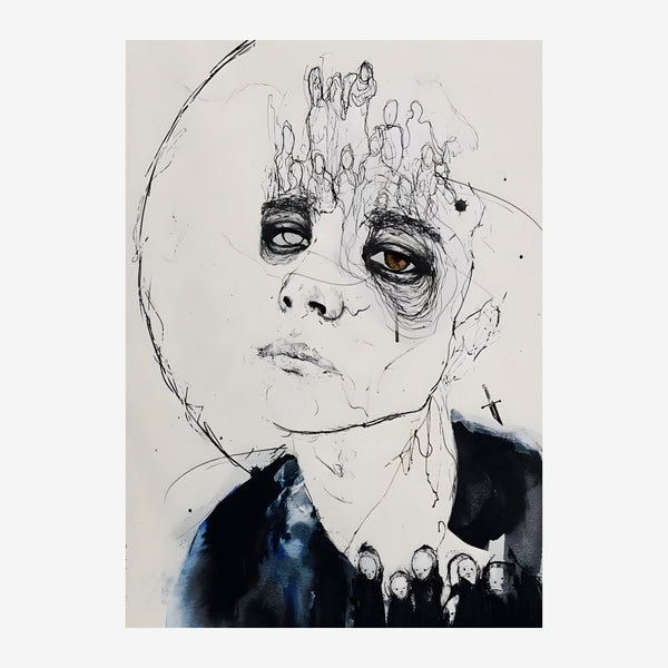 Portrait trait expressif, figures en tête bleu indigo — Toile sur châssis