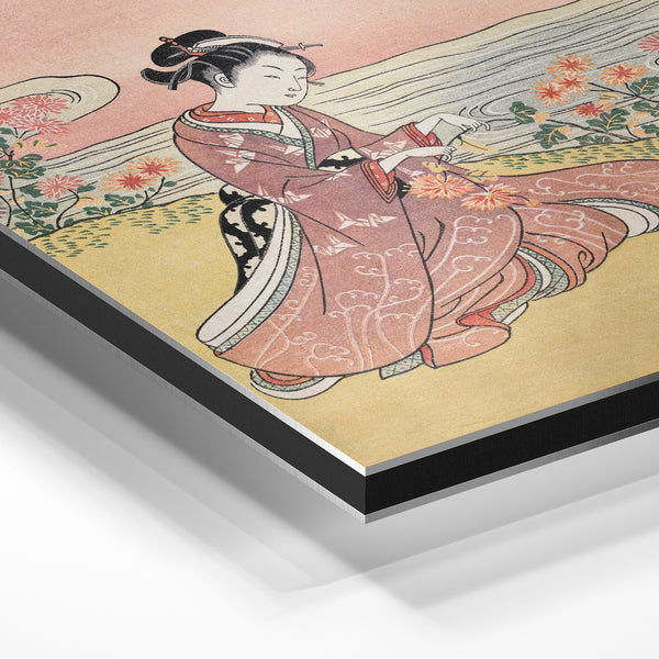 Femme en kimono rose et fleurs champêtres — Aluminium Dibond