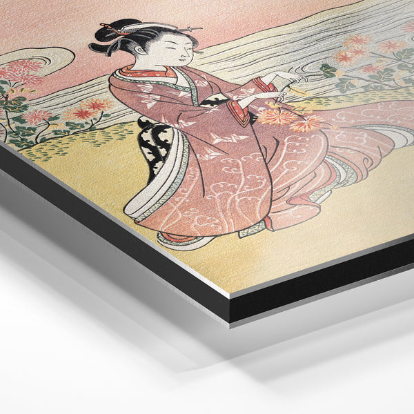 Femme en kimono rose et fleurs champêtres — Aluminium Dibond relief 3D
