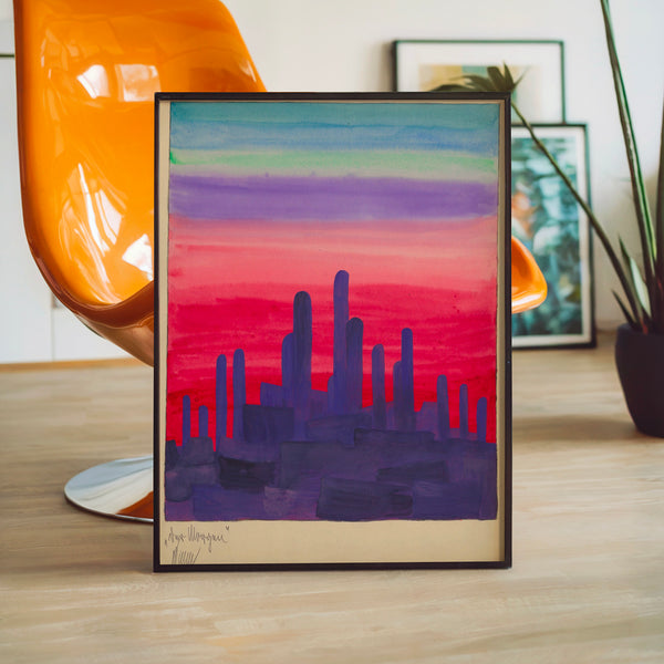 Skyline de cactus au coucher de soleil rose et violet — Poster HP mat