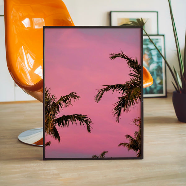 Palmiers silhouette coucher de soleil rose — Poster HP mat
