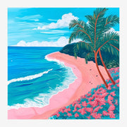 Plage tropicale rose et bleu ciel, style pop-art