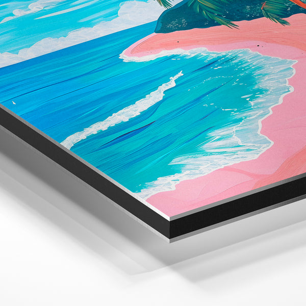 Plage tropicale rose et bleu ciel, style pop-art — Aluminium Dibond