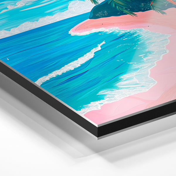 Plage tropicale rose et bleu ciel, style pop-art — Aluminium Dibond relief 3D
