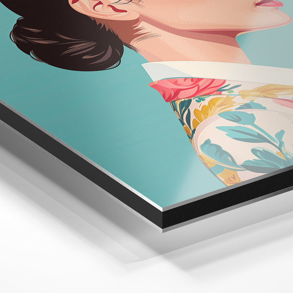 Portrait pop art rétro bleu ciel et fleurs — Aluminium Dibond relief 3D