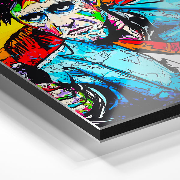 Portrait pop art noir, bleu et jaune tropical — Aluminium Dibond relief 3D