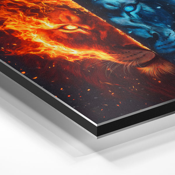 Lion Fire and Ice, portrait pop art noir et bleu — Aluminium Dibond