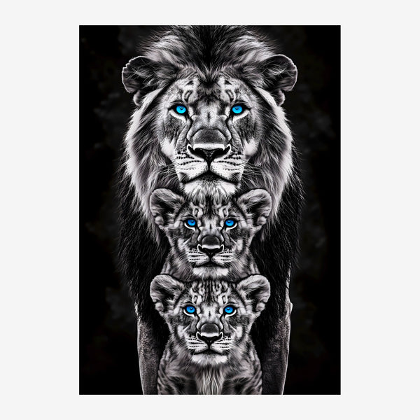 Trio de lions aux yeux bleus, noir et blanc — Toile sur châssis