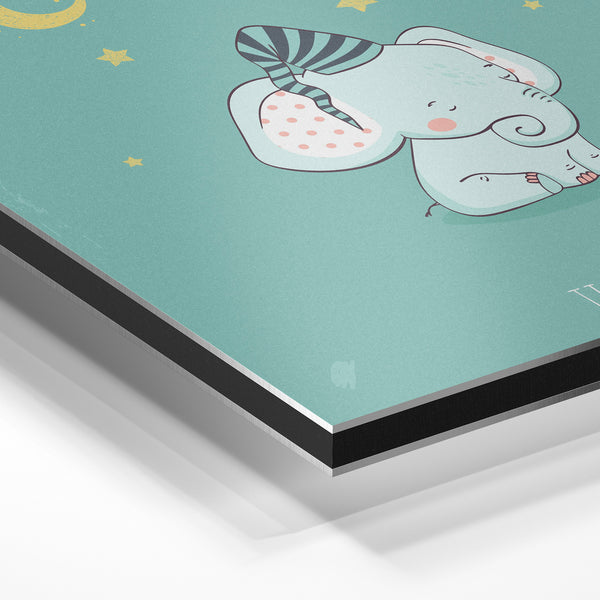 Petit éléphant endormi - Affiche bleu ciel enfant — Aluminium Dibond