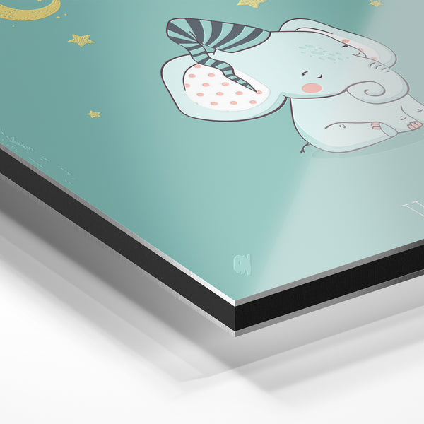 Petit éléphant endormi - Affiche bleu ciel enfant — Aluminium Dibond relief 3D