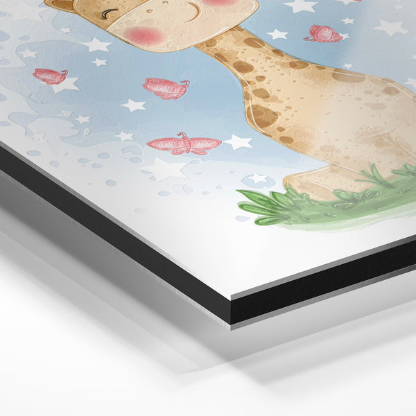 Girafe joyeuse et papillons roses, style bohème — Aluminium Dibond relief 3D